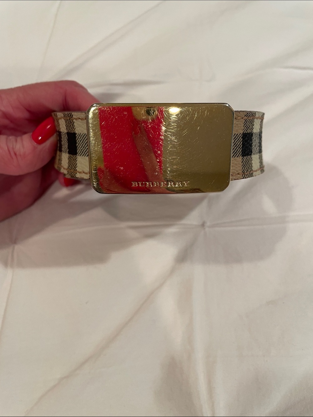 Burberry Gold Buckle Plaid Belt in Beige and Black
